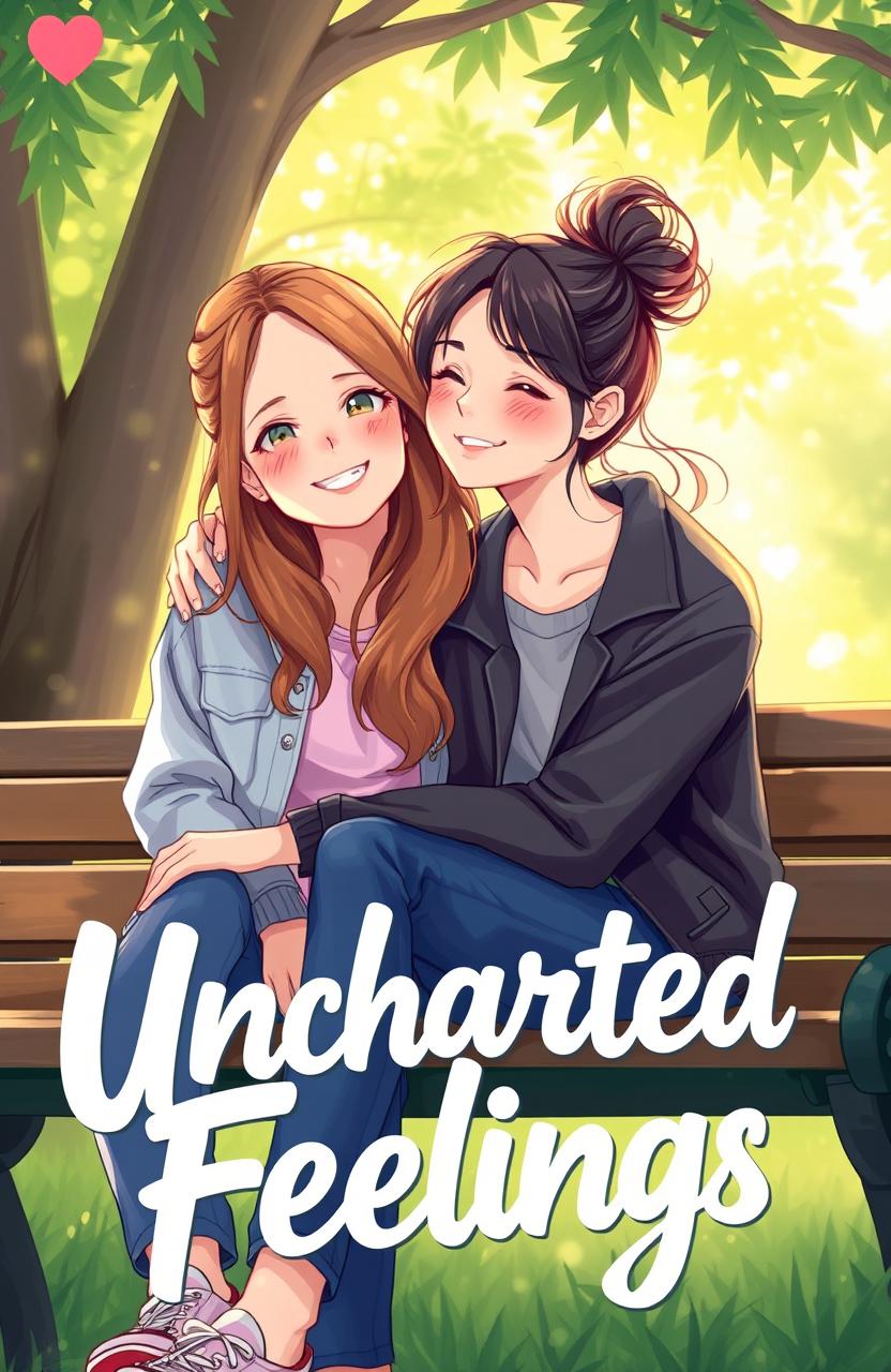 A vibrant and colorful illustration reminiscent of the Heartstopper cover, depicting two young adults sitting closely together on a park bench, with soft smiles on their faces, radiating warmth and affection