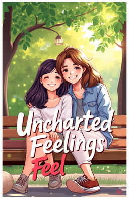 A vibrant and colorful illustration reminiscent of the Heartstopper cover, depicting two young adults sitting closely together on a park bench, with soft smiles on their faces, radiating warmth and affection