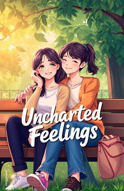 A vibrant and colorful illustration reminiscent of the Heartstopper cover, depicting two young adults sitting closely together on a park bench, with soft smiles on their faces, radiating warmth and affection