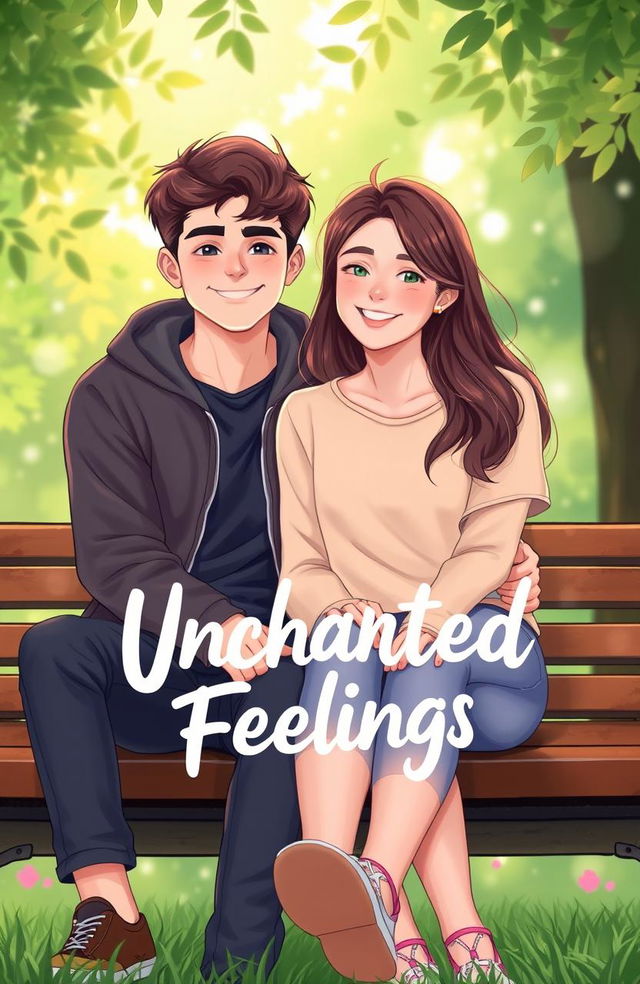 A vibrant and colorful illustration reminiscent of the Heartstopper cover, depicting two young adults sitting closely together on a park bench, with soft smiles on their faces, radiating warmth and affection