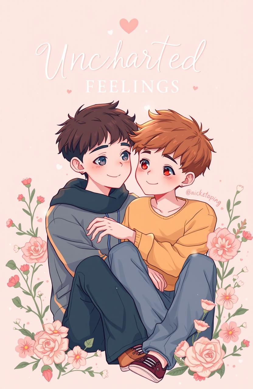 A beautifully illustrated cover page inspired by the art style of Heartstopper, featuring two boys who resemble Nick Nelson and Charlie Spring