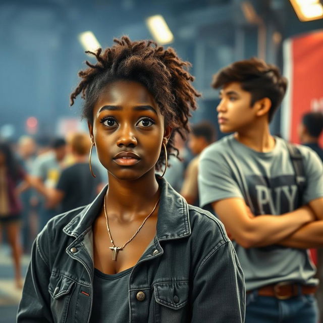 A young African girl with dreadlocks, wearing a denim jacket and a necklace, looking curiously towards the camera while surrounded by a blurred crowd in an urban setting