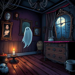 A vividly illustrated horror-themed room in a cartoon style