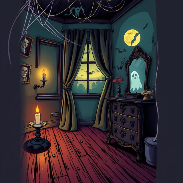 A vividly illustrated horror-themed room in a cartoon style