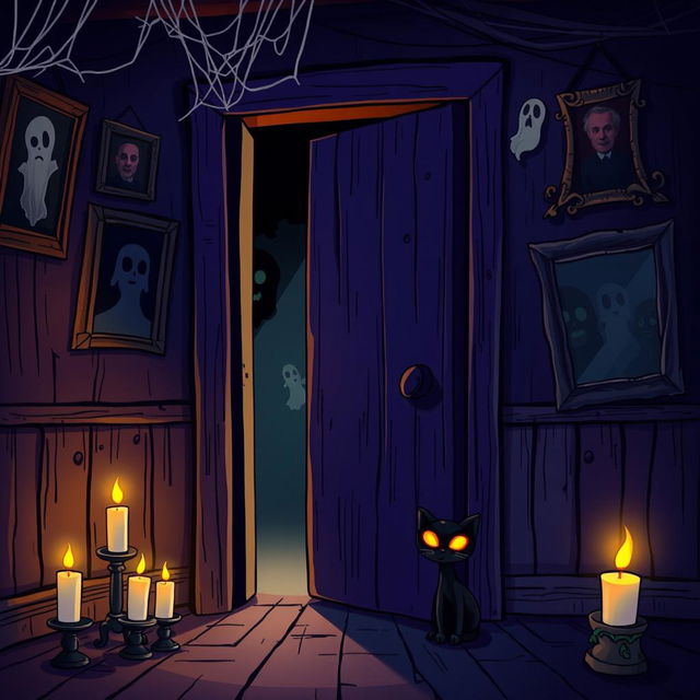 A spooky horror-themed room depicted in cartoon style, featuring a creaky wooden door that's slightly ajar, revealing ominous shadows leaking from inside