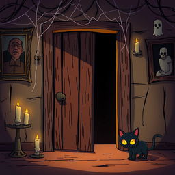 A spooky horror-themed room depicted in cartoon style, featuring a creaky wooden door that's slightly ajar, revealing ominous shadows leaking from inside