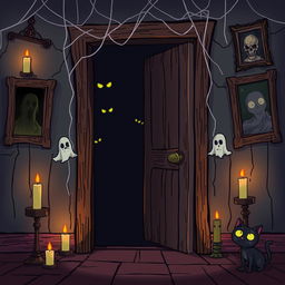 A spooky horror-themed room depicted in cartoon style, featuring a creaky wooden door that's slightly ajar, revealing ominous shadows leaking from inside