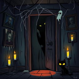 A spooky horror-themed room depicted in cartoon style, featuring a creaky wooden door that's slightly ajar, revealing ominous shadows leaking from inside