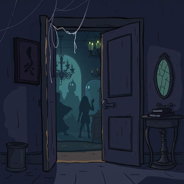 A dark, eerie cartoon-style illustration of a horror room with a slightly ajar door