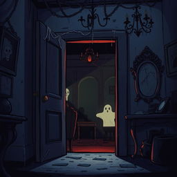 A dark, eerie cartoon-style illustration of a horror room with a slightly ajar door