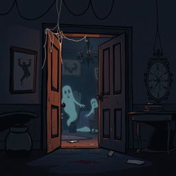 A dark, eerie cartoon-style illustration of a horror room with a slightly ajar door