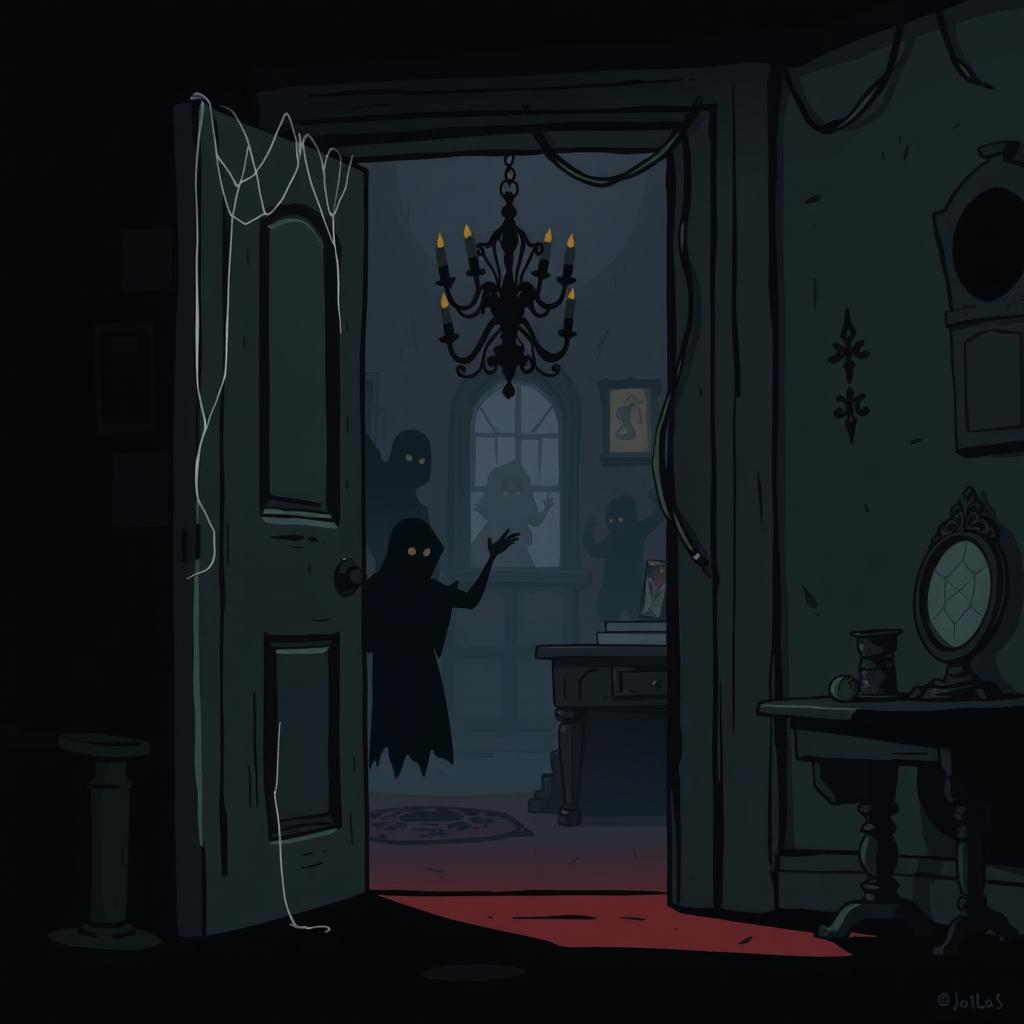 A dark, eerie cartoon-style illustration of a horror room with a slightly ajar door