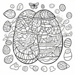 Create a coloring page featuring a detailed Easter egg decorated with a variety of geometric shapes and patterns