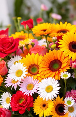 A beautiful and vibrant arrangement of various flowers, including roses, sunflowers, and daisies, all in full bloom