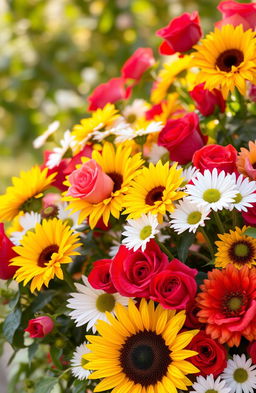 A beautiful and vibrant arrangement of various flowers, including roses, sunflowers, and daisies, all in full bloom
