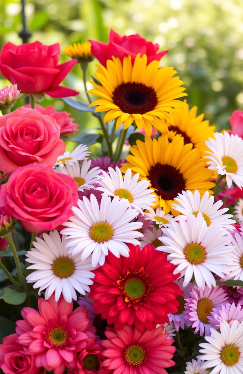 A beautiful and vibrant arrangement of various flowers, including roses, sunflowers, and daisies, all in full bloom