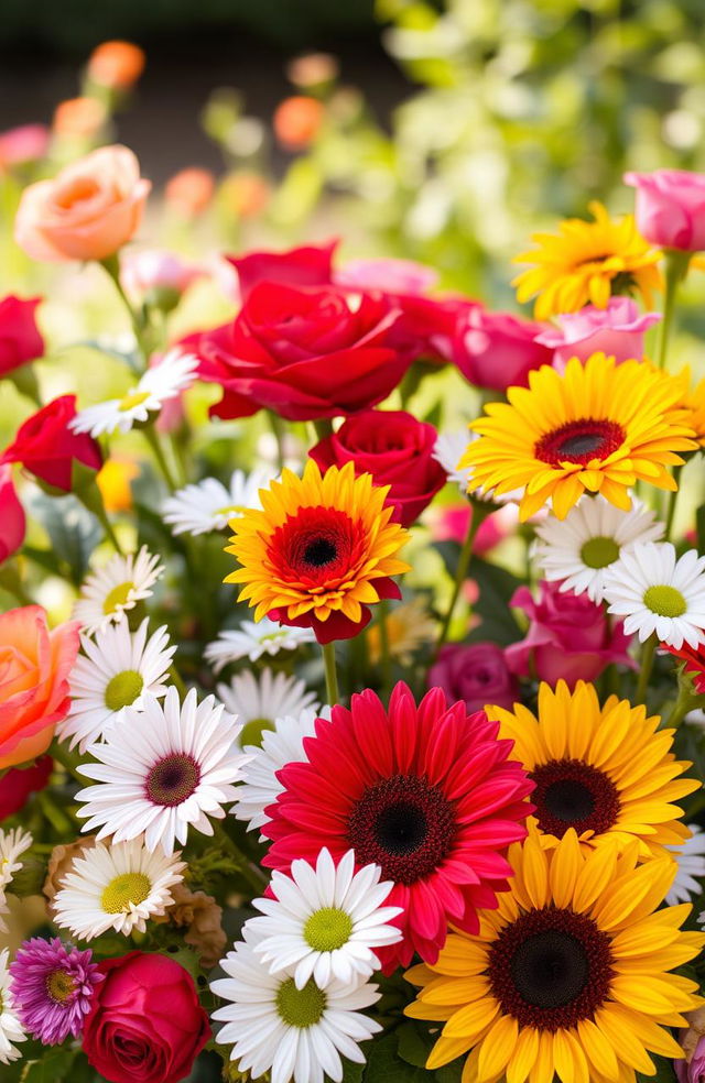 A beautiful and vibrant arrangement of various flowers, including roses, sunflowers, and daisies, all in full bloom