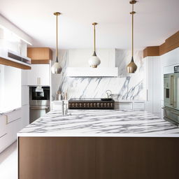 Modern kitchen with bright lighting, sleek marble countertops, stainless steel appliances, a large island in the middle, and white cabinetry filled with dishes and utensils