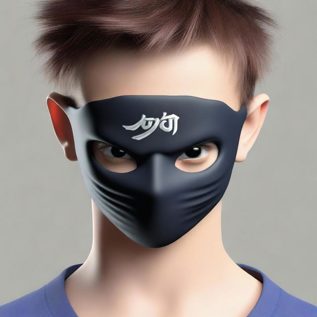 A 3D realistic logo of 'Ninja Master', intricately designed and emblazoned on the neck of a teenage boy