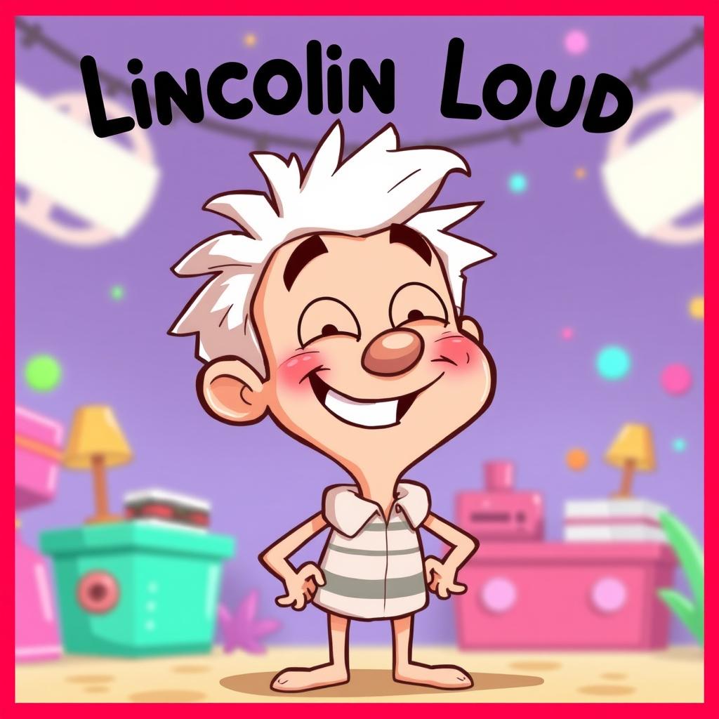 A playful and humorous illustration of Lincoln Loud, a character known for his energetic personality and distinctive white hair, depicted in a light-hearted, cartoonish style