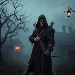 A skilled vampire hunter standing in a misty, eerie village at twilight