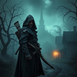 A skilled vampire hunter standing in a misty, eerie village at twilight