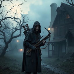 A skilled vampire hunter standing in a misty, eerie village at twilight