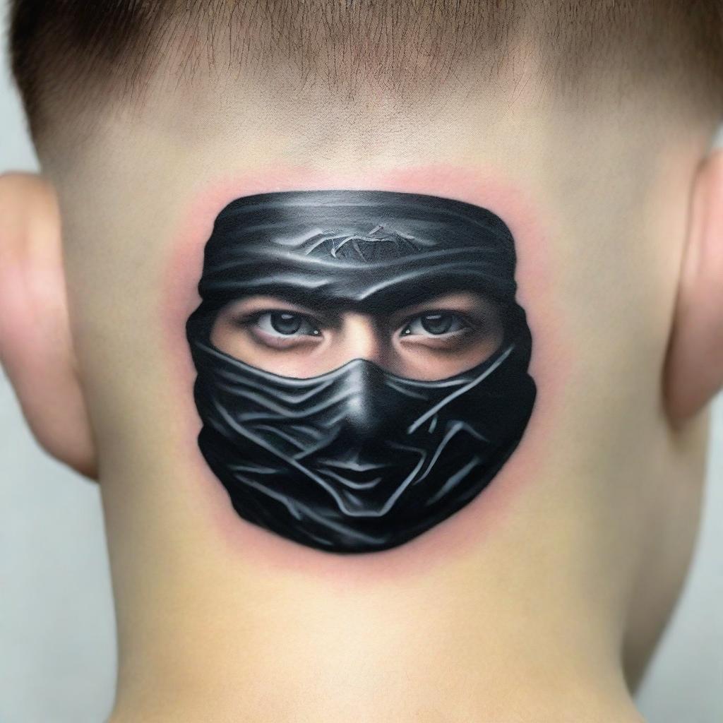 A realistic tattoo in 3D resembling the logo of 'Ninja Master', inked onto the neck of a teenage boy