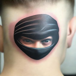 A realistic tattoo in 3D resembling the logo of 'Ninja Master', inked onto the neck of a teenage boy