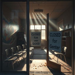 A community center that is closing down, with a sign on the door reading 'Closed for Good'