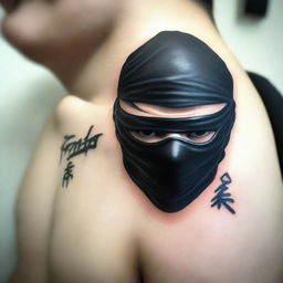 A realistic tattoo in 3D resembling the logo of 'Ninja Master', inked onto the neck of a teenage boy