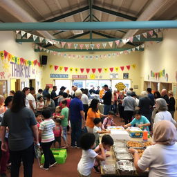 A vibrant community center interior, filled with diverse groups of people engaging in various activities