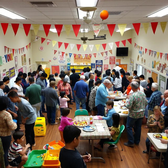 A vibrant community center interior, filled with diverse groups of people engaging in various activities