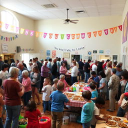 A vibrant community center interior, filled with diverse groups of people engaging in various activities