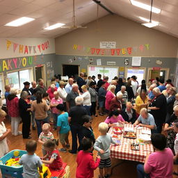 A vibrant community center interior, filled with diverse groups of people engaging in various activities