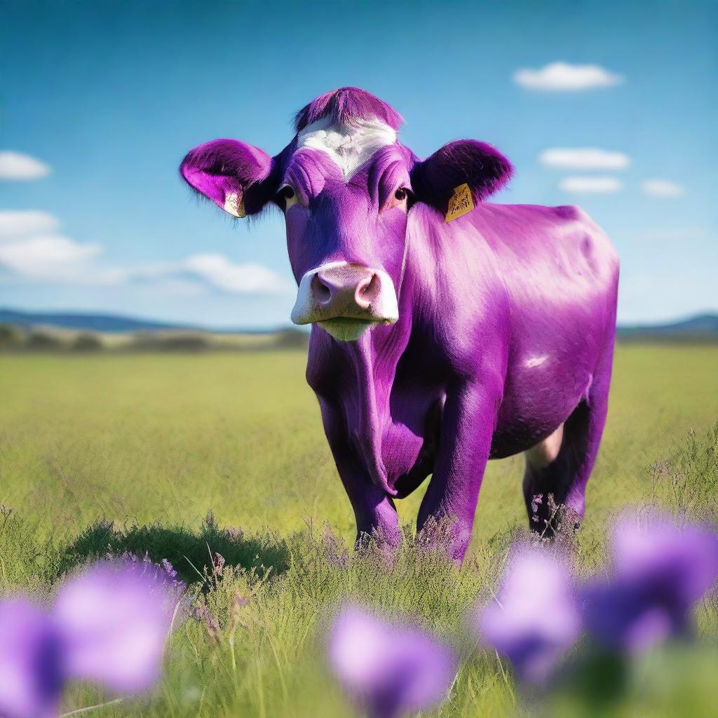 A vivid purple cow standing in a vibrant green field under a clear blue sky.