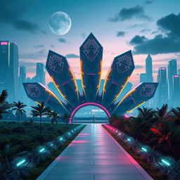 A stunningly detailed digital artwork of a path fit 7FMS (7-Fin Multifaceted Structure), displayed within a futuristic landscape