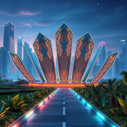 A stunningly detailed digital artwork of a path fit 7FMS (7-Fin Multifaceted Structure), displayed within a futuristic landscape
