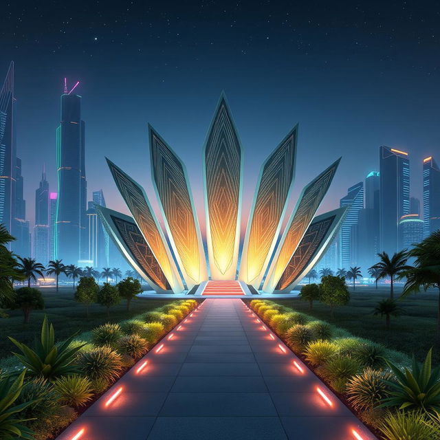 A stunningly detailed digital artwork of a path fit 7FMS (7-Fin Multifaceted Structure), displayed within a futuristic landscape