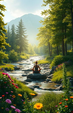 A serene landscape depicting the power of nature for wellbeing, featuring a lush green forest with sunlight filtering through the trees, vibrant wildflowers in various colors, a serene stream flowing gently, and a peaceful mountain backdrop in the distance