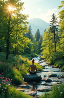 A serene landscape depicting the power of nature for wellbeing, featuring a lush green forest with sunlight filtering through the trees, vibrant wildflowers in various colors, a serene stream flowing gently, and a peaceful mountain backdrop in the distance
