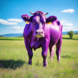 A vivid purple cow standing in a vibrant green field under a clear blue sky.