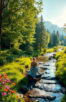 A serene landscape depicting the power of nature for wellbeing, featuring a lush green forest with sunlight filtering through the trees, vibrant wildflowers in various colors, a serene stream flowing gently, and a peaceful mountain backdrop in the distance