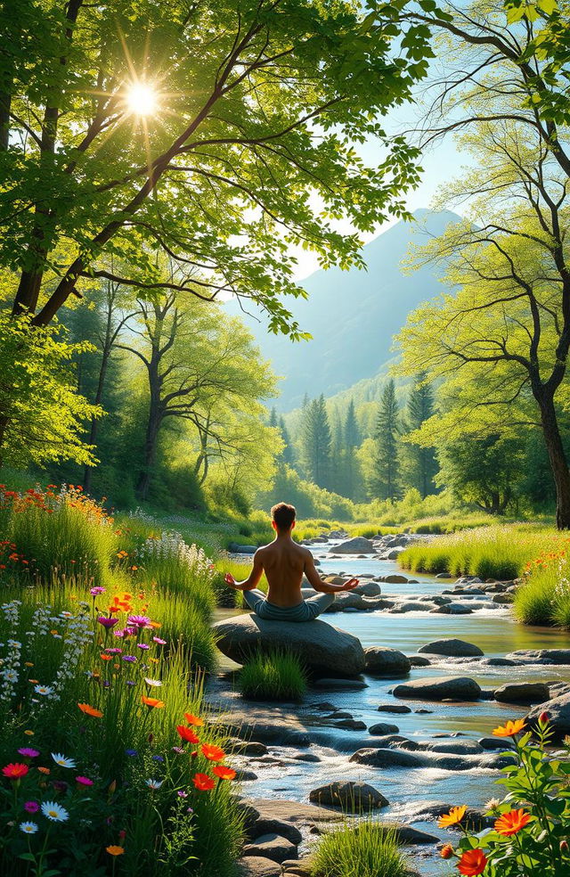 A serene landscape depicting the power of nature for wellbeing, featuring a lush green forest with sunlight filtering through the trees, vibrant wildflowers in various colors, a serene stream flowing gently, and a peaceful mountain backdrop in the distance