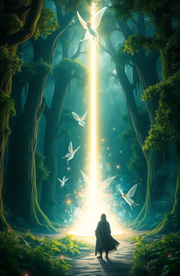 A mystical and enchanting scene depicting the concept of "O Chamado do Destino" (The Call of Destiny), featuring a beautifully illuminated ancient forest with towering trees and lush greenery