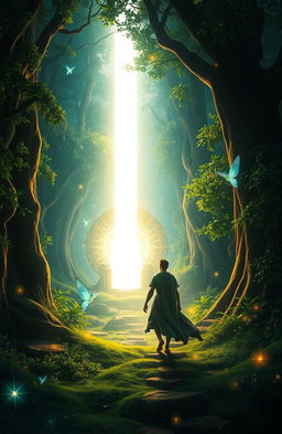A mystical and enchanting scene depicting the concept of "O Chamado do Destino" (The Call of Destiny), featuring a beautifully illuminated ancient forest with towering trees and lush greenery