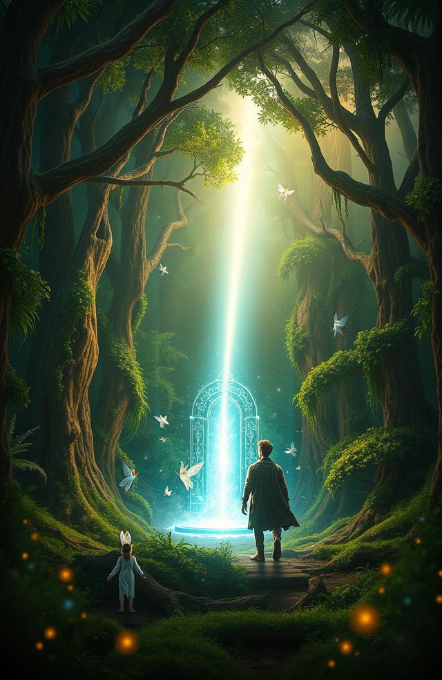 A mystical and enchanting scene depicting the concept of "O Chamado do Destino" (The Call of Destiny), featuring a beautifully illuminated ancient forest with towering trees and lush greenery