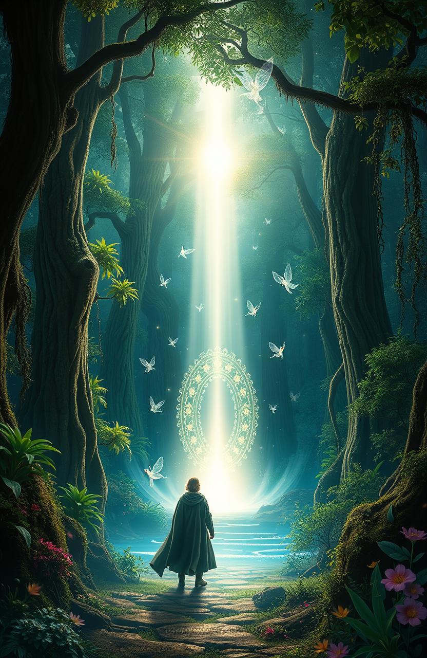 A mystical and enchanting scene depicting the concept of "O Chamado do Destino" (The Call of Destiny), featuring a beautifully illuminated ancient forest with towering trees and lush greenery