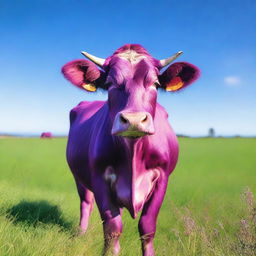 A vivid purple cow standing in a vibrant green field under a clear blue sky.