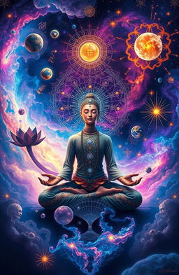 A surreal representation of the 'Medulla Paradox', showcasing a meditative figure surrounded by a swirling galaxy of color and light